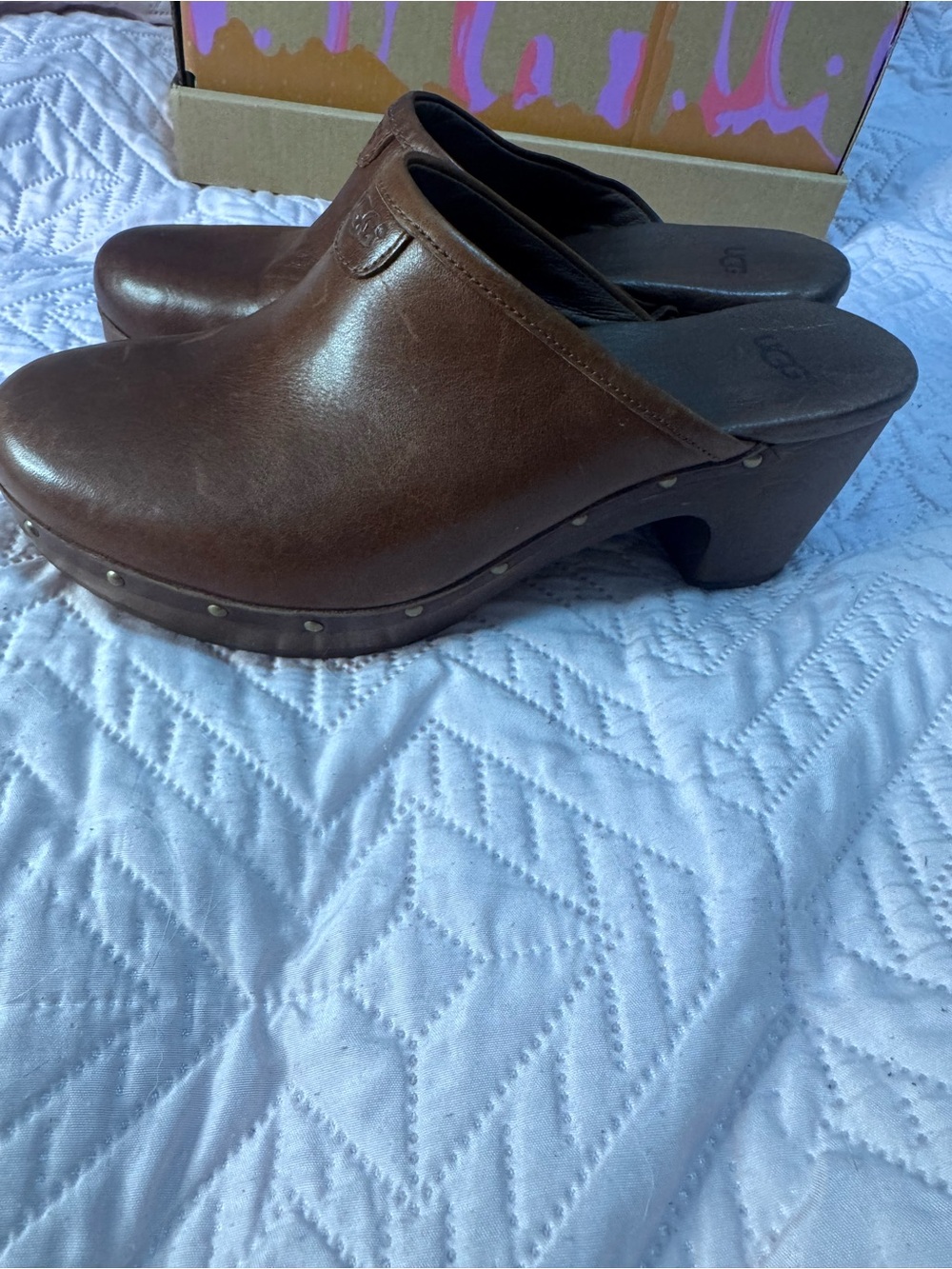 UGG Women's Brown Leather Studded Clog Mules
